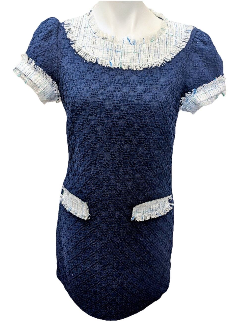 Sail to Sable Navy Tweed Fringe Shift Dress Women’s Size 8 STS